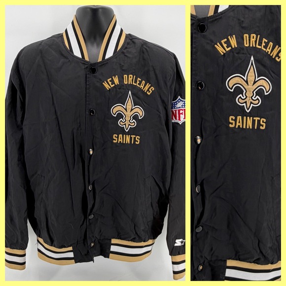 Vintage 90s New Orleans Saints Starter Jacket NFL Pro Line Satin Black Gold SZ L